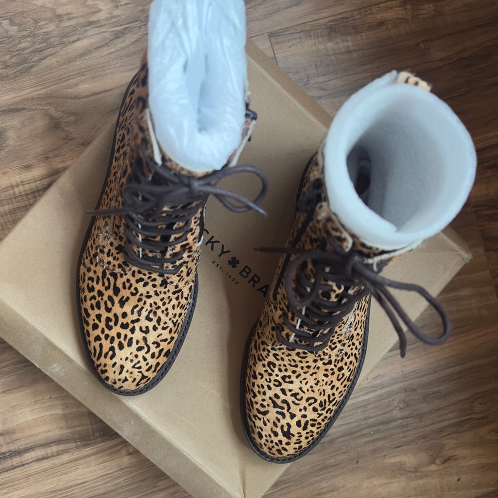 Lucky Brand Tan Leopard Women's Combat Boots